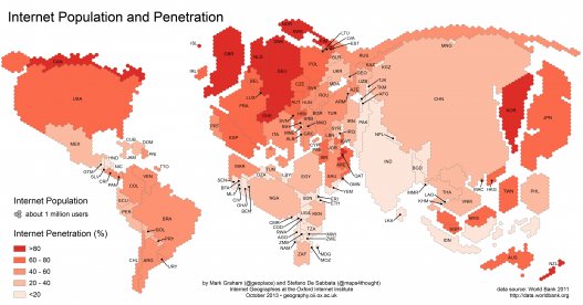 Քարտեզ, որը մատնանշում է երկրները` ըստ ինտերնետից օգտվելու ցուցանիշի: